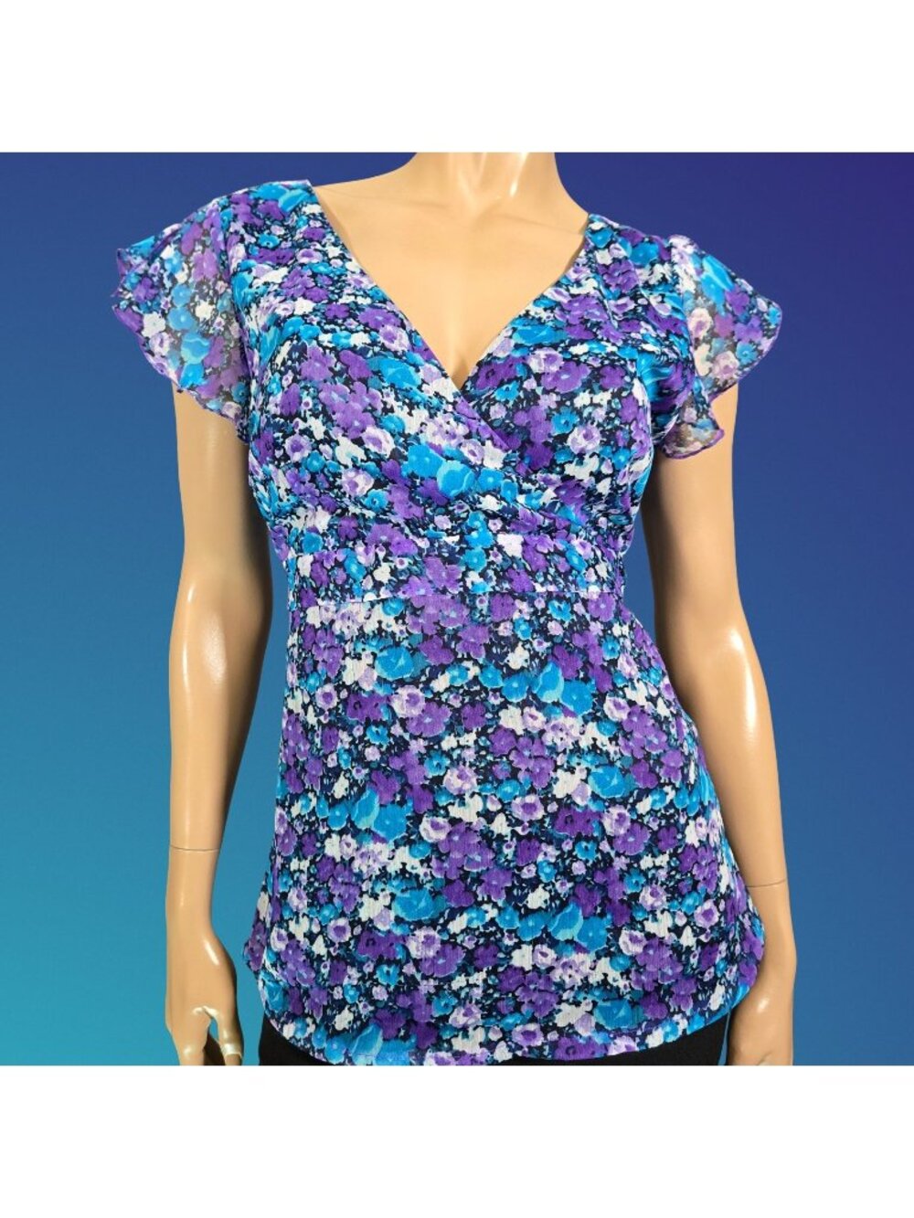 Y2K Turquoise Purple Floral Chiffon Babydoll Tie Back Top Flutter Sleeves Size L